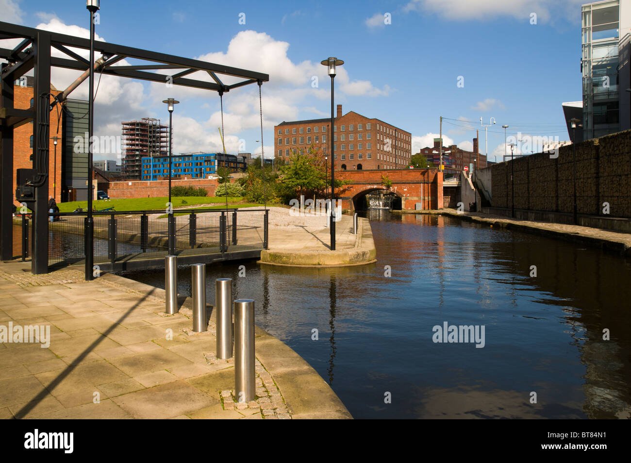 Lifting bridge on an arm of the Rochdale Canal at  Piccadilly Basin, near Manchester city centre, England UK Stock Photo