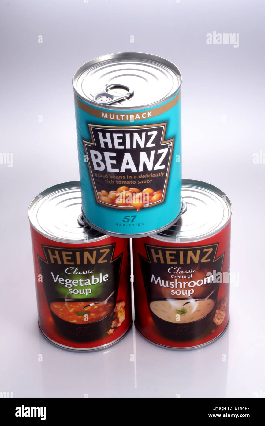 Cans of Heinz Baked Beans in Tomato sauce, Heinz Classic Vegetable Soup and Heinz Classic Cream