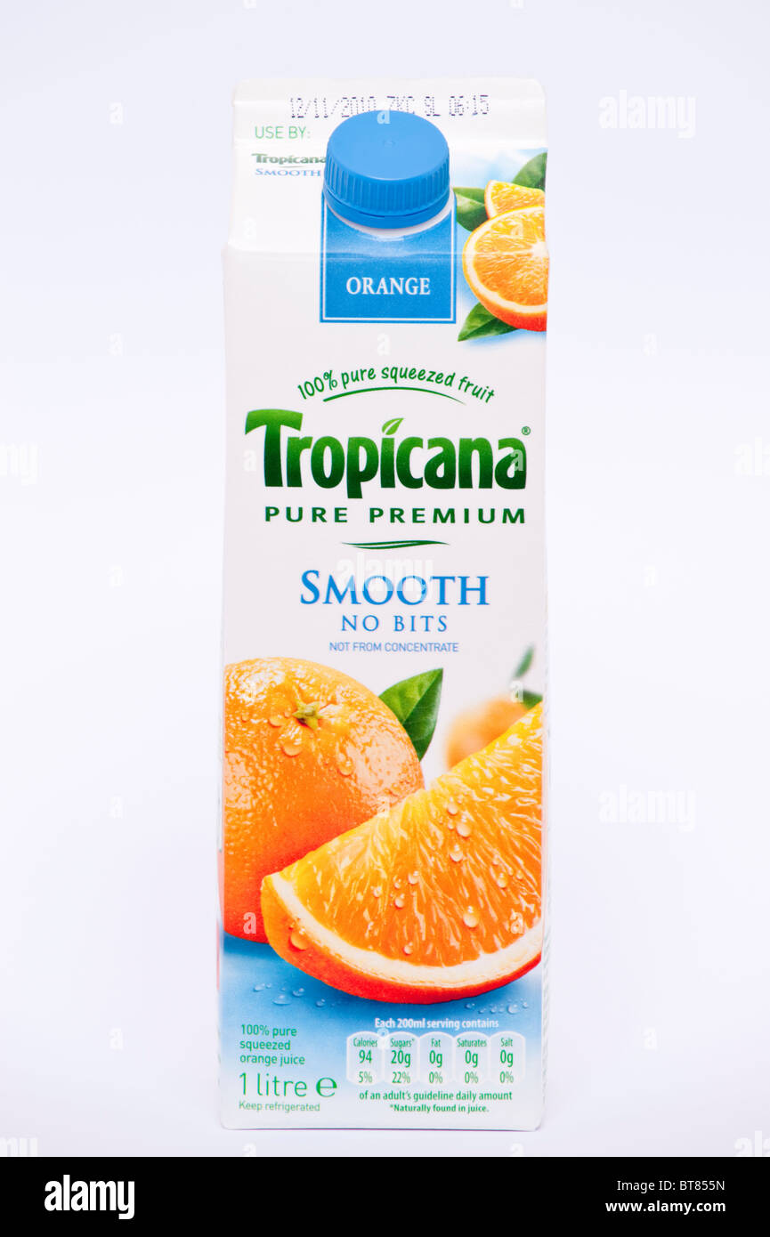 A close up photo of a carton of Tropicana orange juice drink against a white background Stock Photo