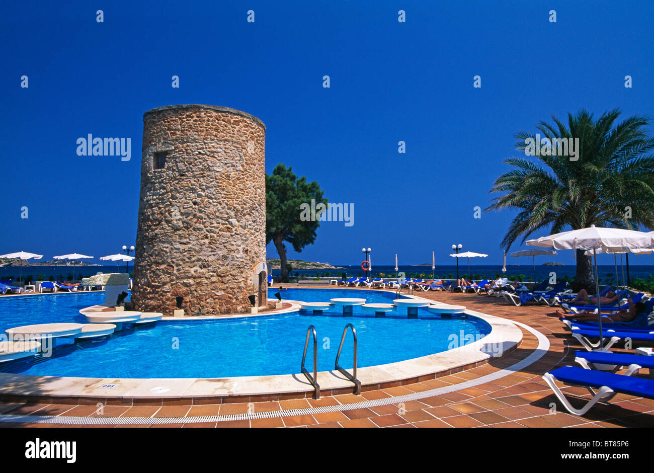 Hotel grounds in Figueretes, Ibiza, Balearic Islands, Spain Stock Photo
