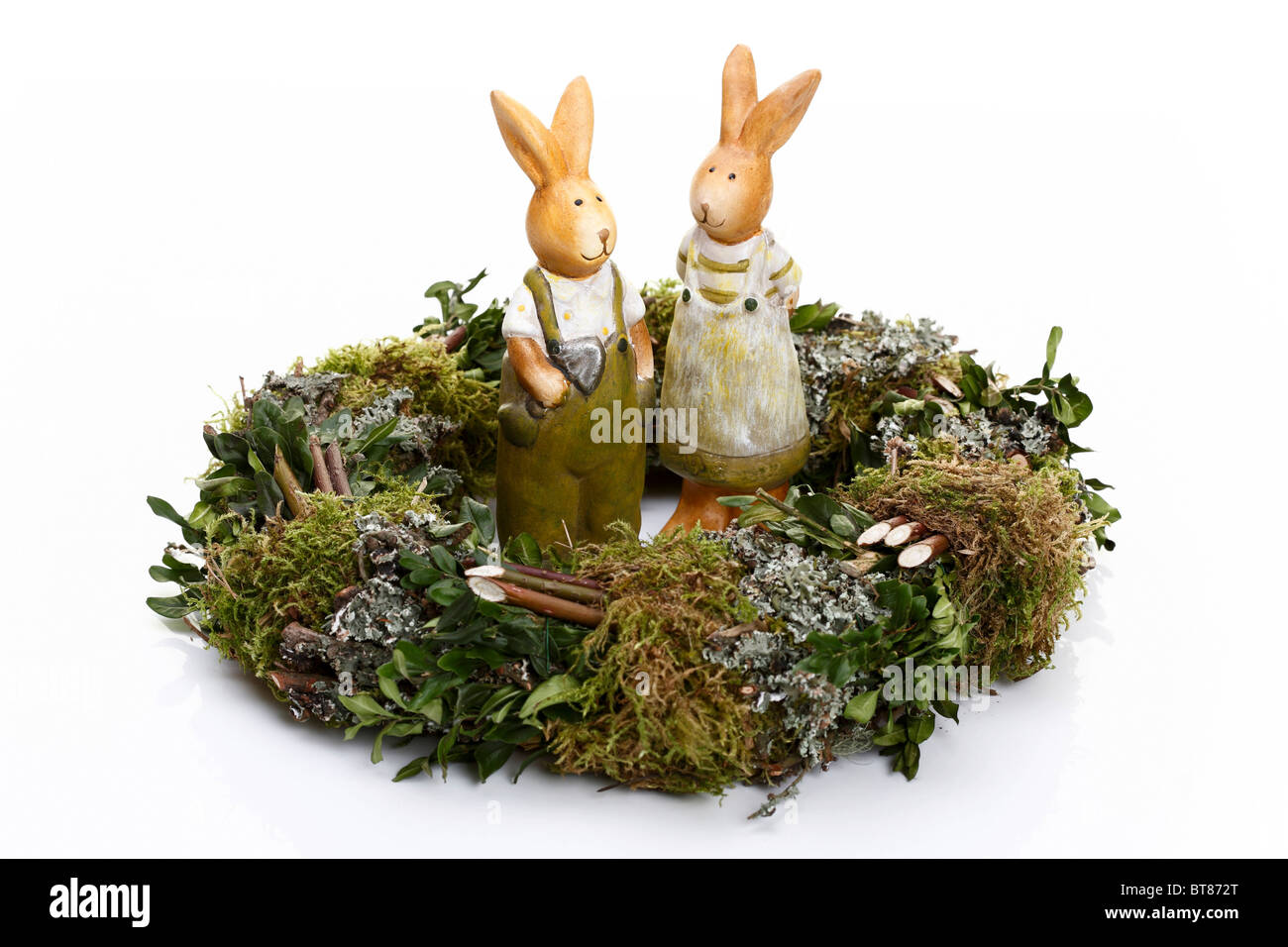 Two Easterbunnies with Easter chaplet Stock Photo