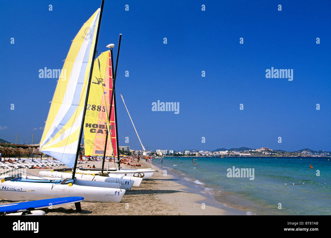 Catamarans on Playa d'en Bossa, Ibiza, Balearic Islands, Spain Stock Photo