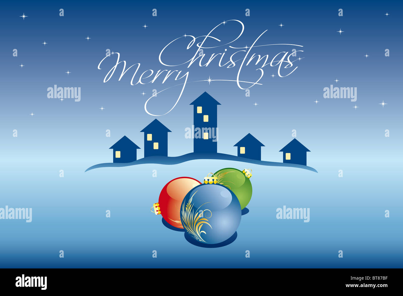 Vector Abstract Christmas Card with houses and balls Stock Photo - Alamy