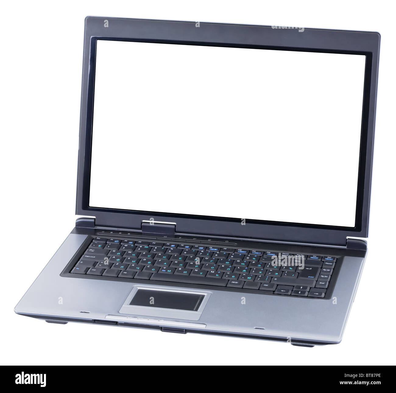Old black laptop with russian keyboard on a white Stock Photo - Alamy