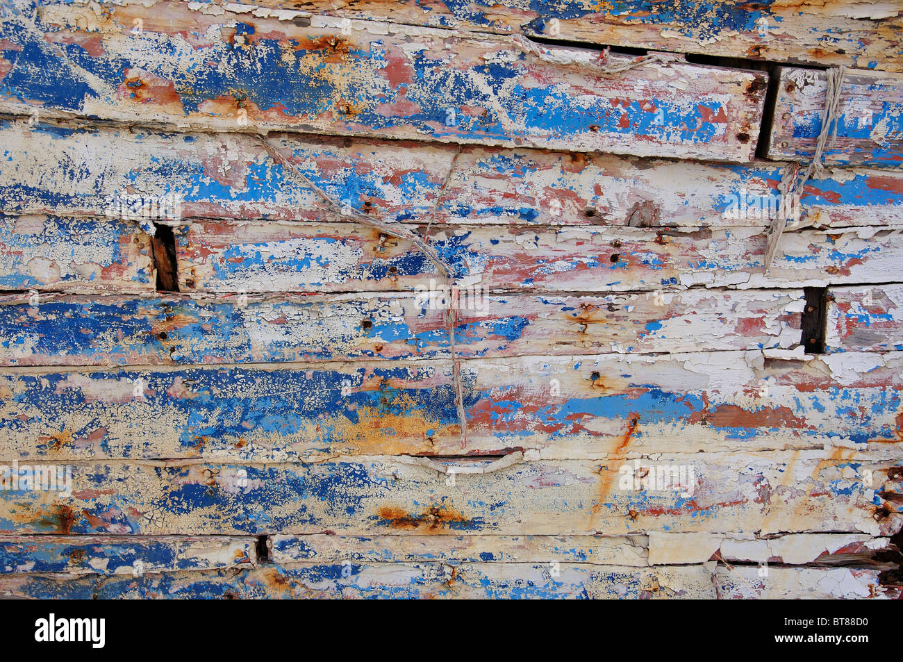 Weathered boards on old wooden fishing boat in harbour, Zakynthos Town, Zakynthos (Zante), Ionian Islands, Greece Stock Photo