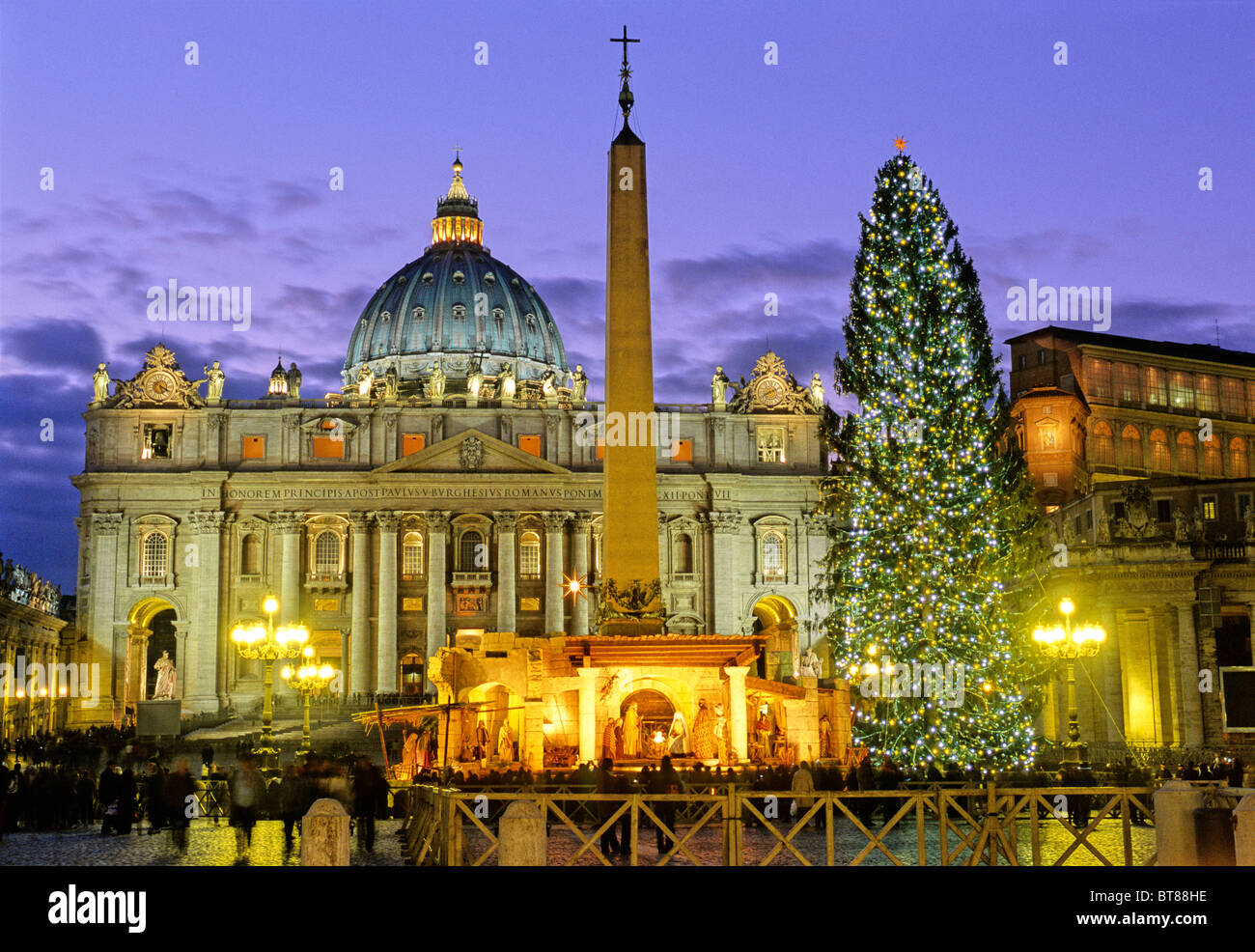 St. Peter's Basilica, Basilica of Saint Peter, obelisk, nativity scene and christmas tree, Saint Peter's Square, Vatican city Stock Photo