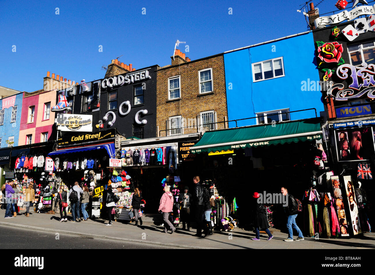 Shops along Camden High Street, Camden Town, London, England, Uk Stock Photo