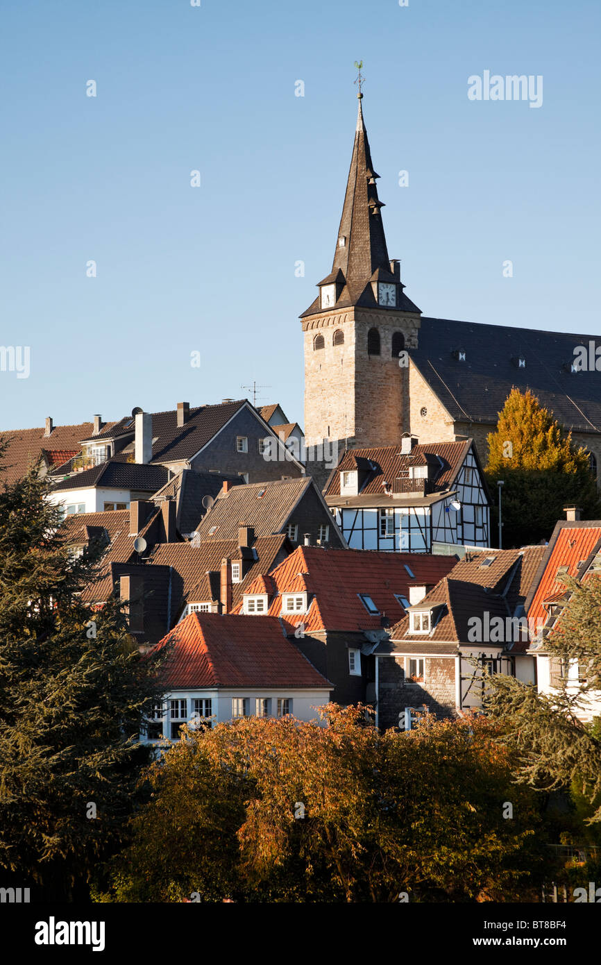 church and houses at the old town of Essen-Kettwig, North Rhine-Westfalia, Germany Stock Photo