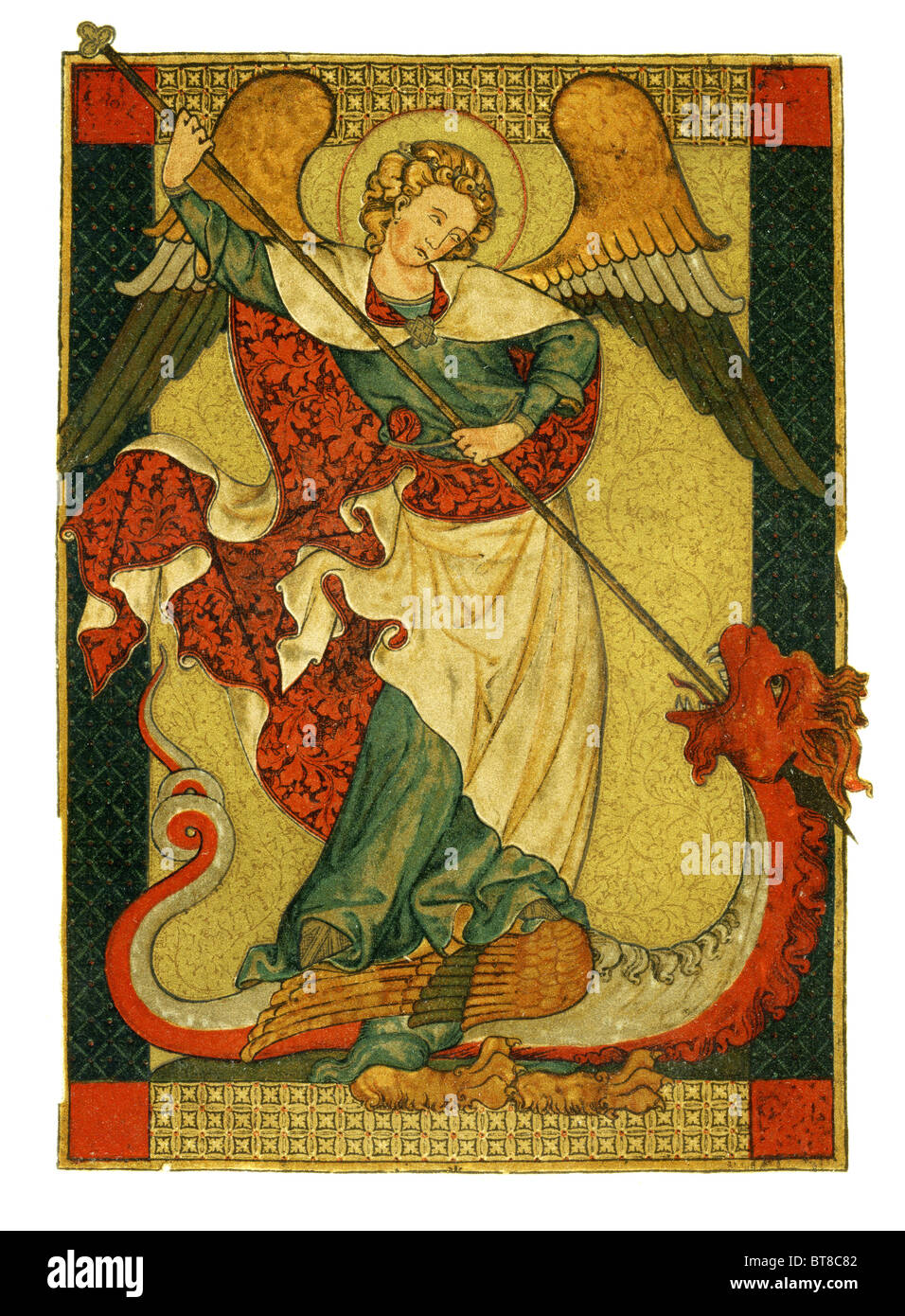 Archangel Saint Michael  trampling Satan, Lucifer, the Devil. Woodblock print 1885 edition Geschichte der Deutschen Kunst  v.1 Stock Photo