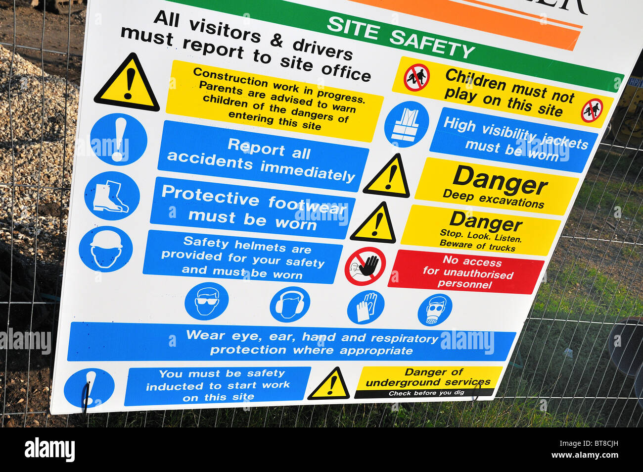 Site safety warning sign in close up Stock Photo