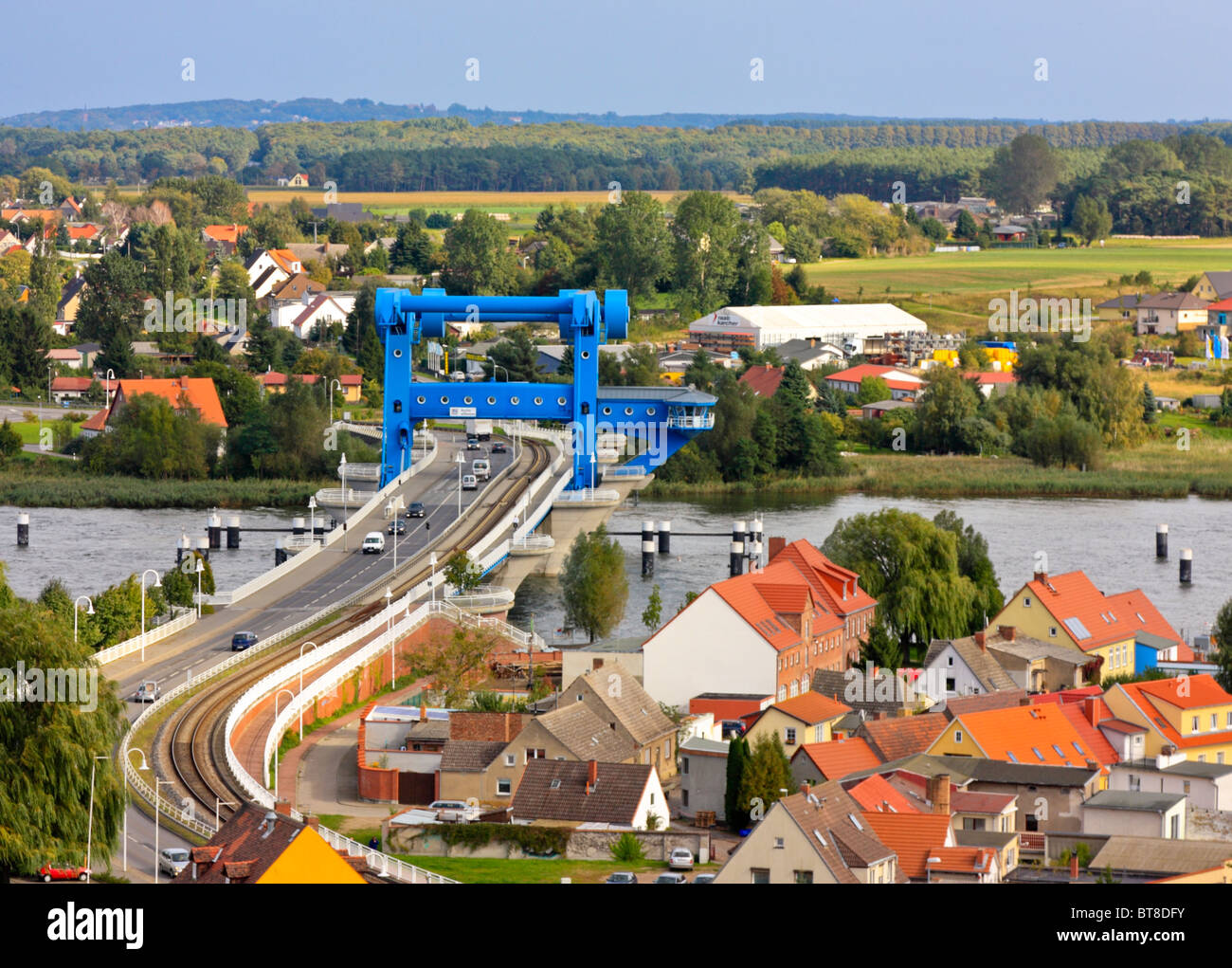 Aerial View of Wolgast with the movable bridge across the Peene River, Germany Stock Photo