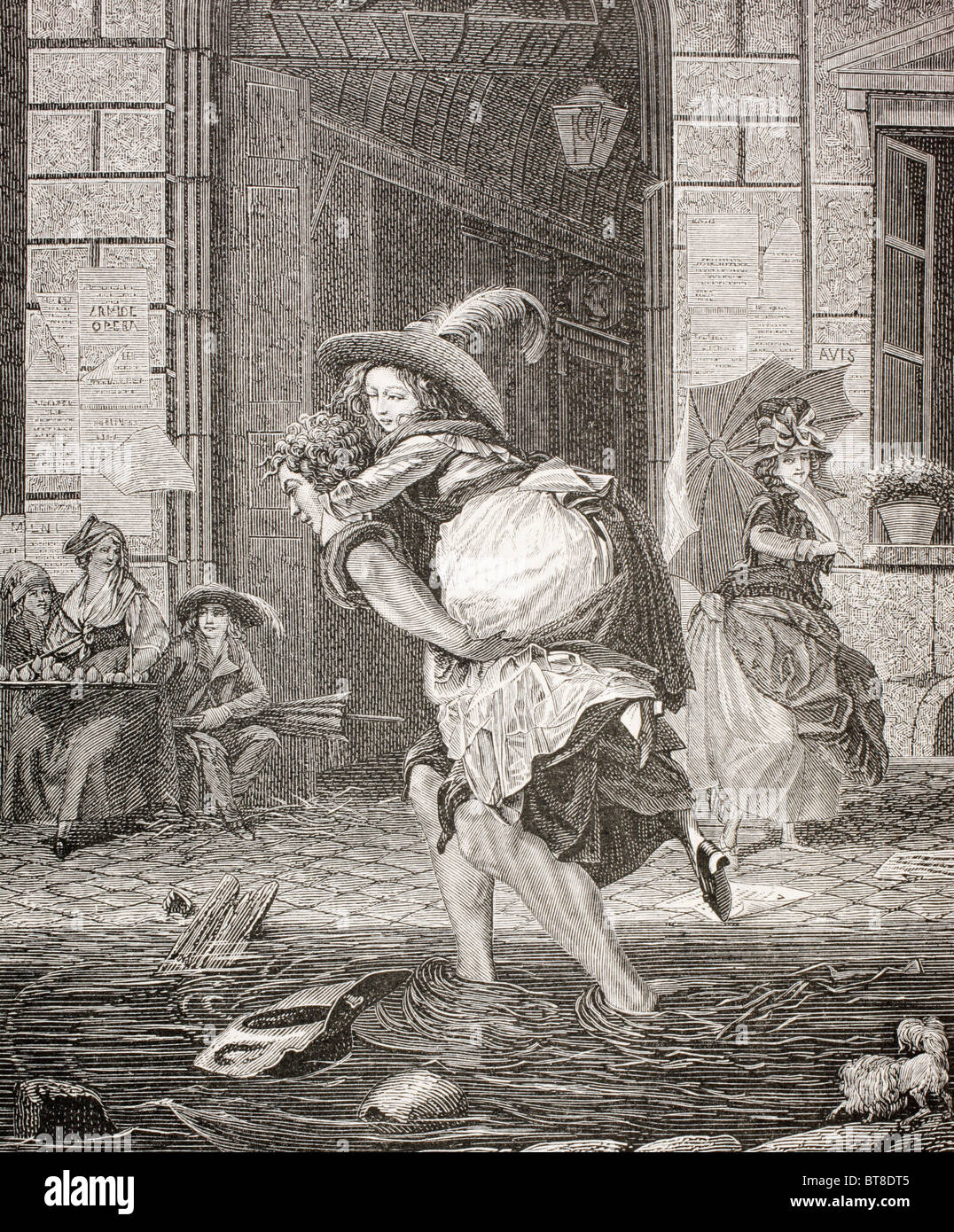 A carrier ferrying a woman across the street on a rainy day in 18th century Paris. Stock Photo
