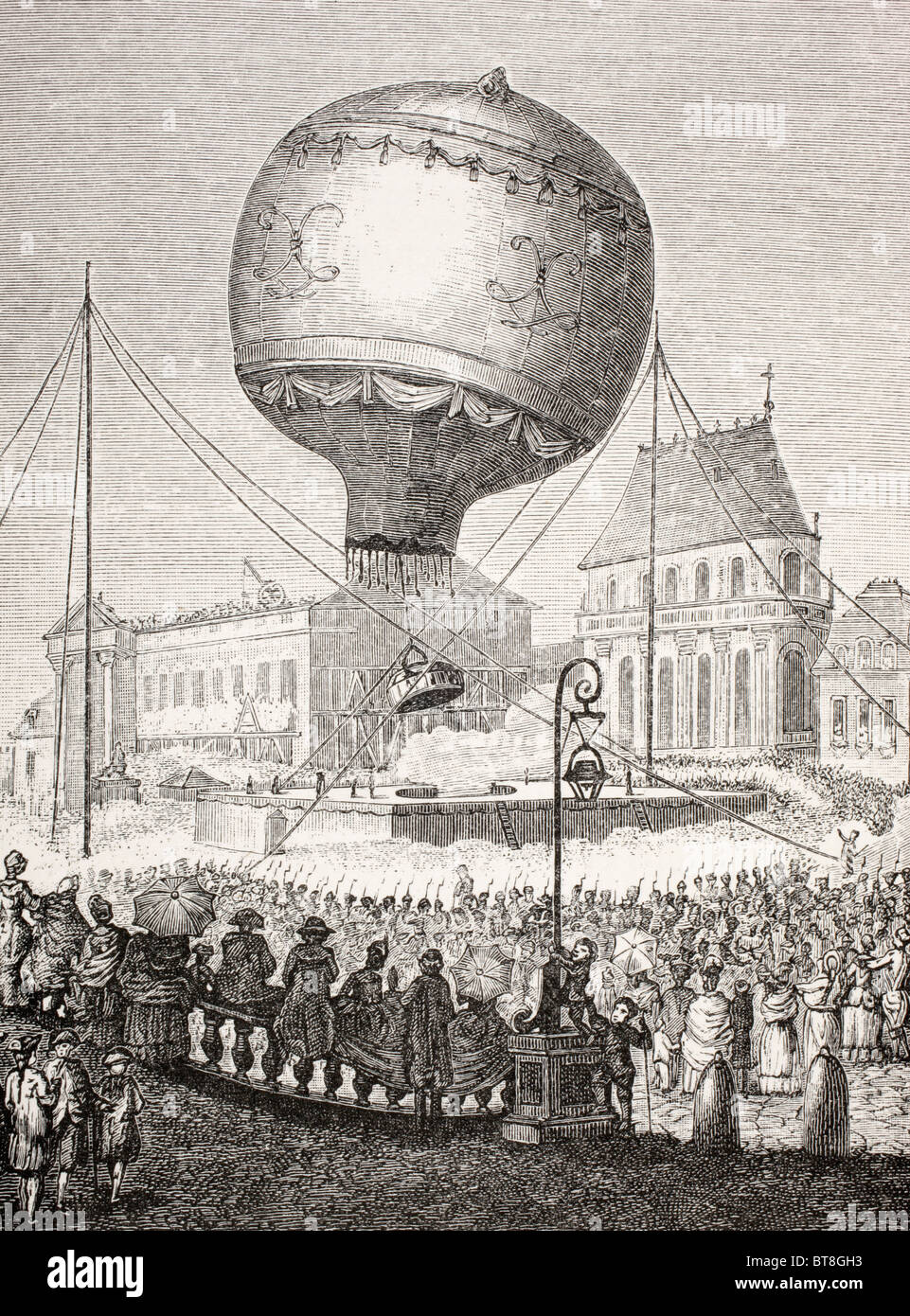 A hot air balloon ascends in Paris, France in the 18th century Stock