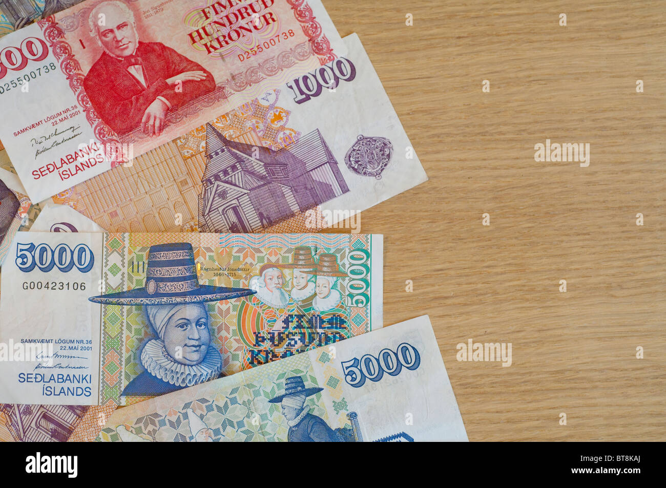 Europe, Iceland. Local currency. 500, 1,000 & 5,000 Icelandic Kronur