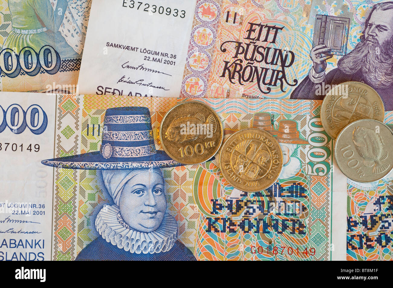 Europe, Iceland. Local currency, Icelandic Kronur bills & coins Stock