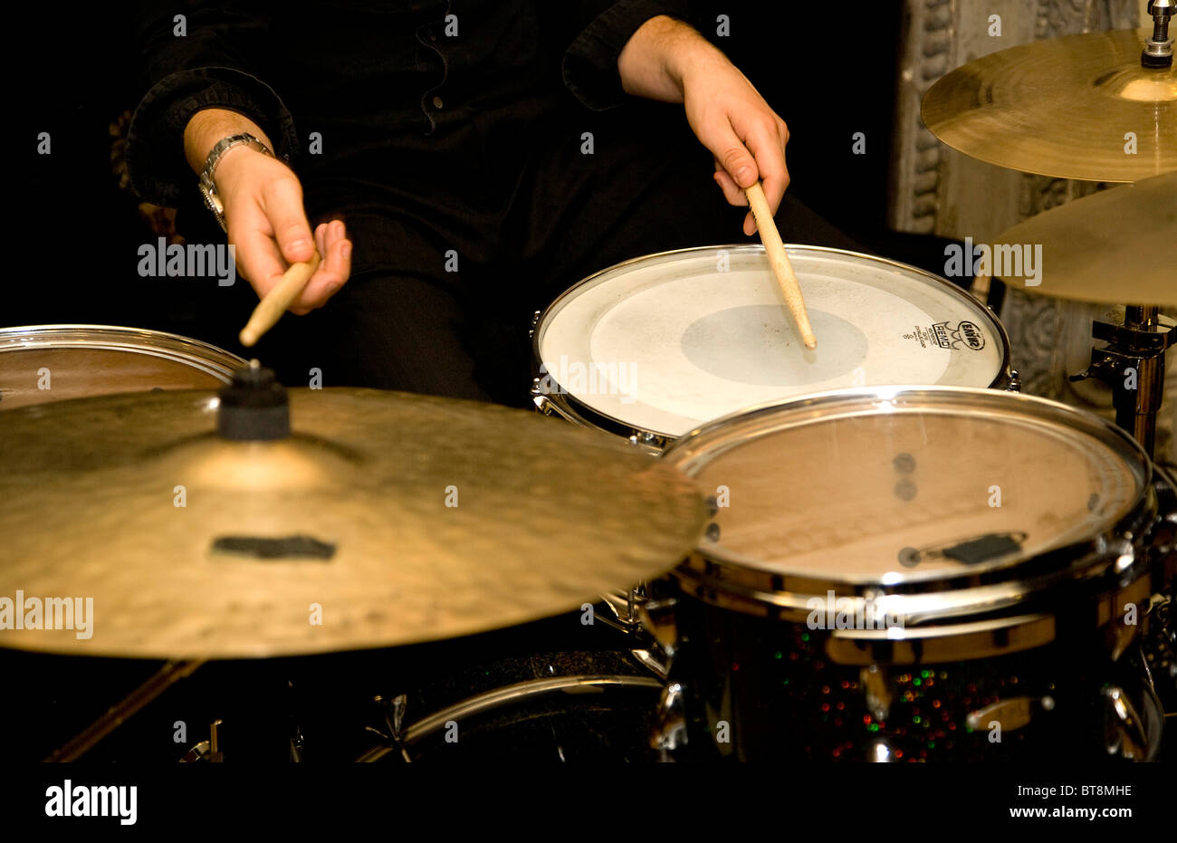 Drums being played in a band Stock Photo