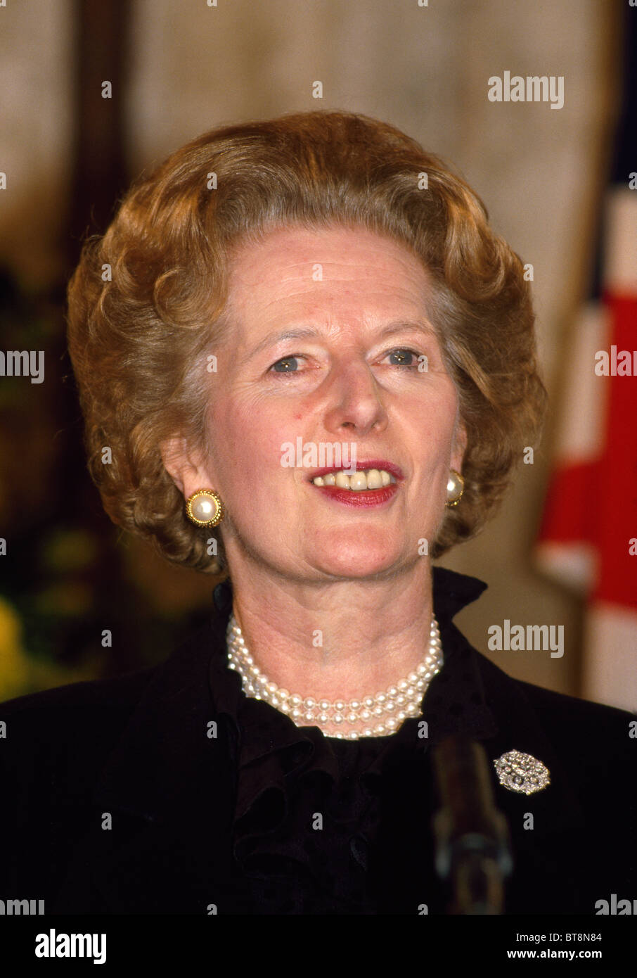 British Prime Minister Margaret Thatcher at the signing of the Channel Tunnel agreement in Canterbury  on February 12, 1986 Stock Photo