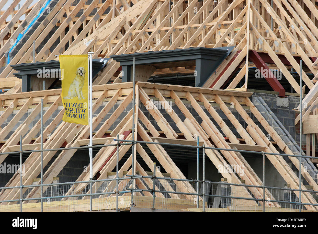 Builders build new houses on a green field site at Bolnore Village