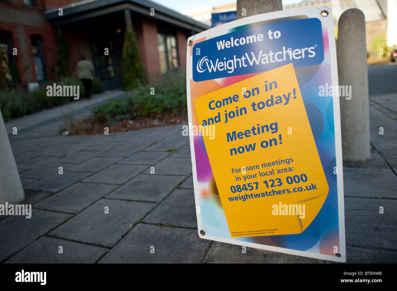 sign announcing a meeting of WeightWatchers in a community hall, UK Stock Photo