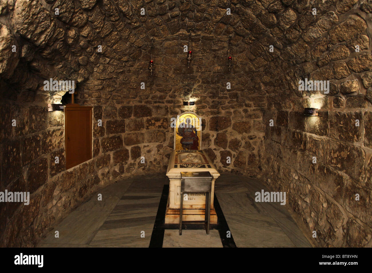The sarcophagus of St George inside The Church of Saint George built in 1870 in the old city of Lod Israel Stock Photo