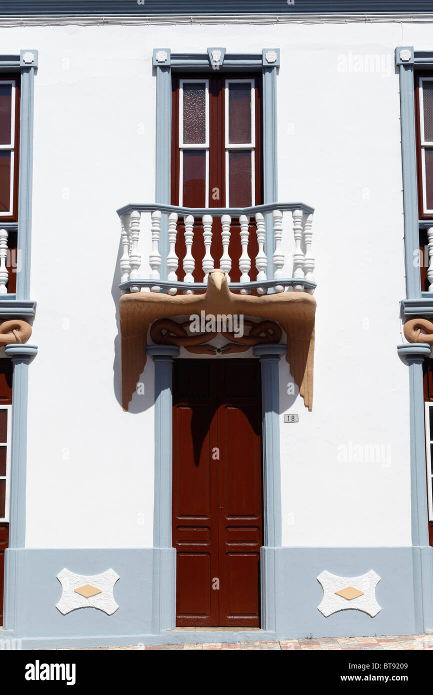 House facade, eagle above the entrance in Calle Vista Alegre, El Paso, La Palma, Canary Islands, Spain, Europe Stock Photo