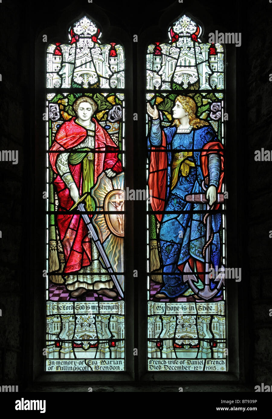 A Stained glass window depicting Faith & Hope, Parish church of St Brendan, Brendon, Devon Stock Photo