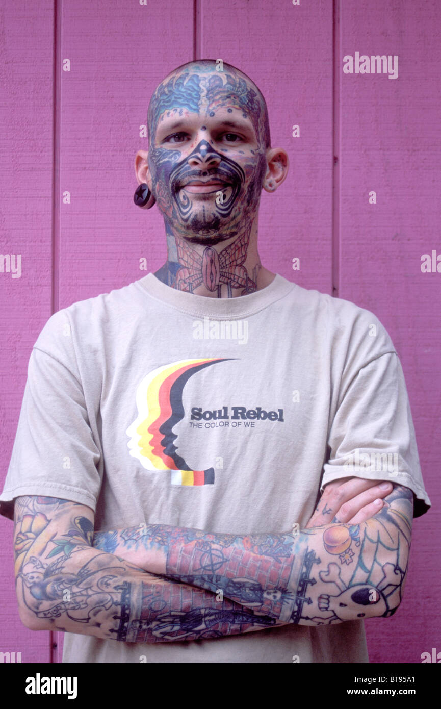 Josh Face, well known tattooed man of Ithaca, New York, USA. Stock Photo
