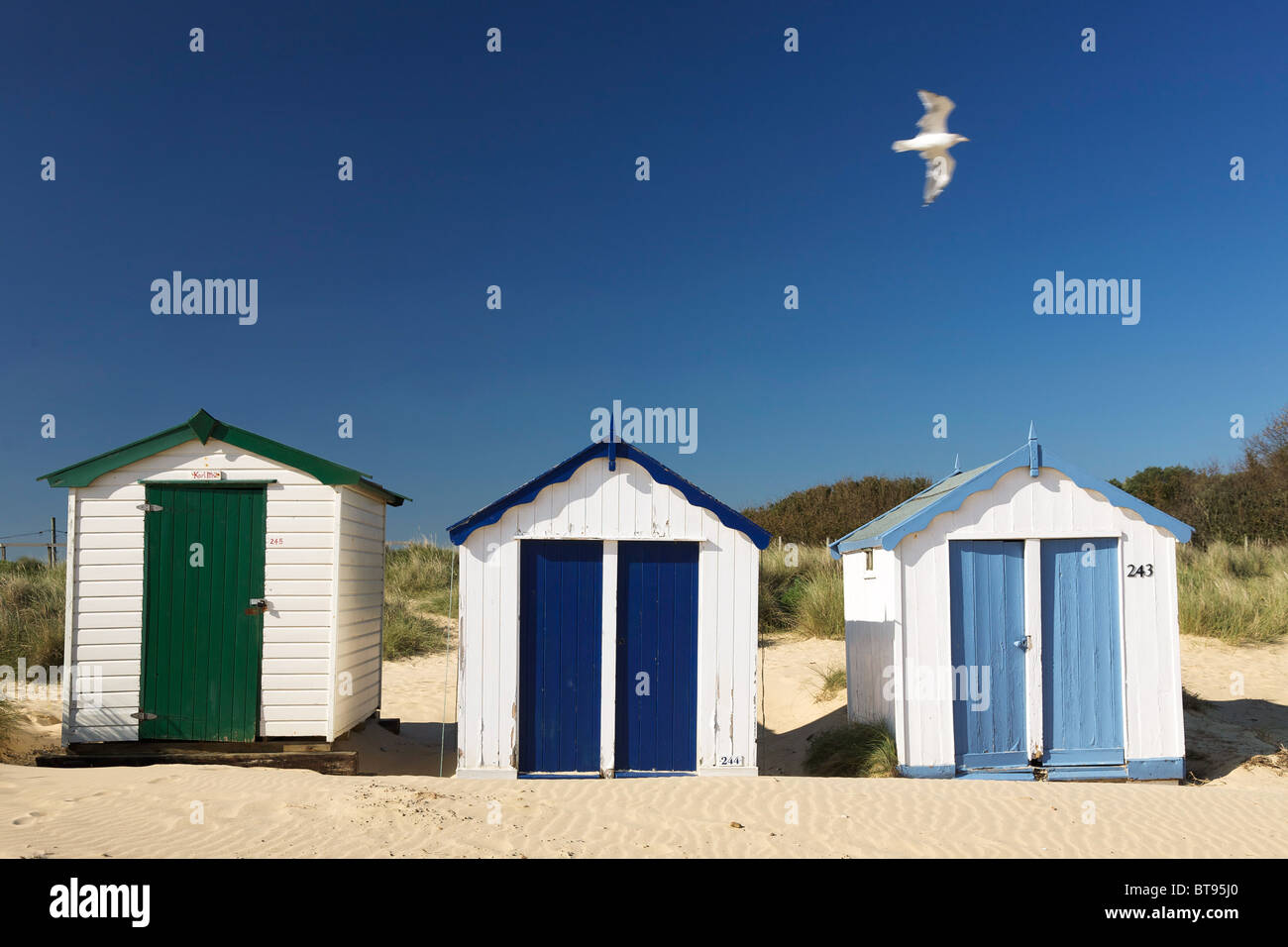 Trio of beach huts at Southwold in Suffolk Stock Photo