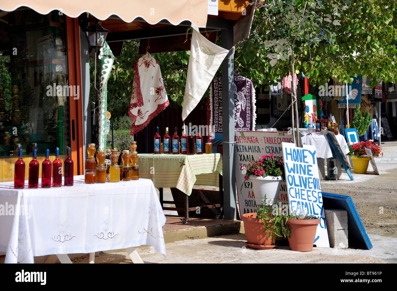 Local products on display outside souvenir shop, Anafonitria, Zakynthos