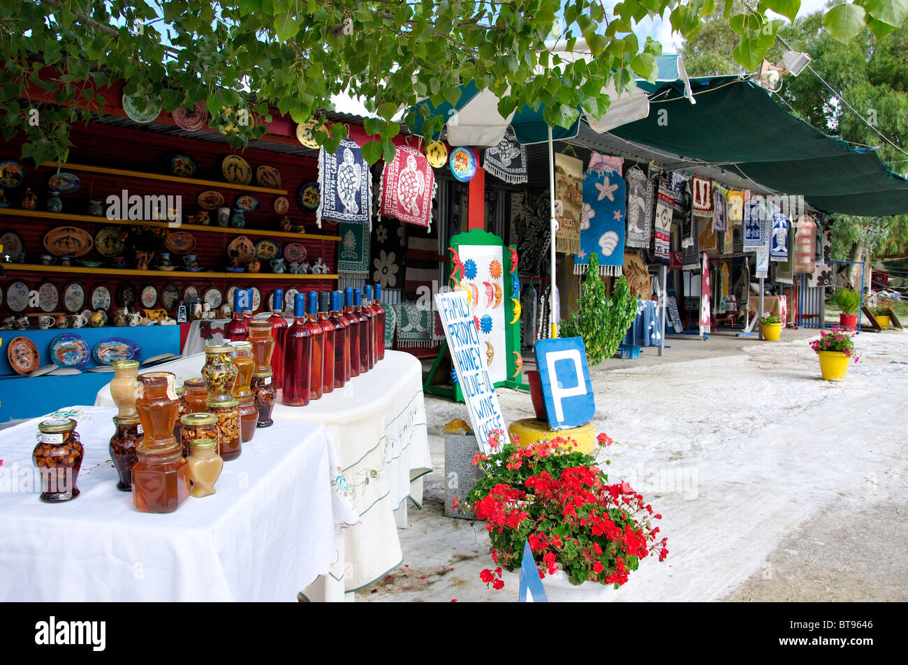 Local products on display outside souvenir shop, Anafonitria, Zakynthos
