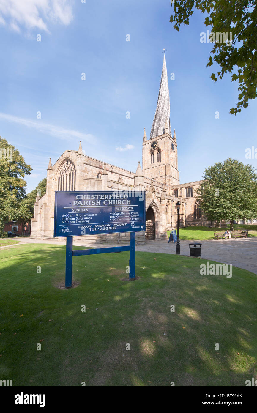 A view of the front of Chesterfield Church, with its Twisted Spire. Stock Photo