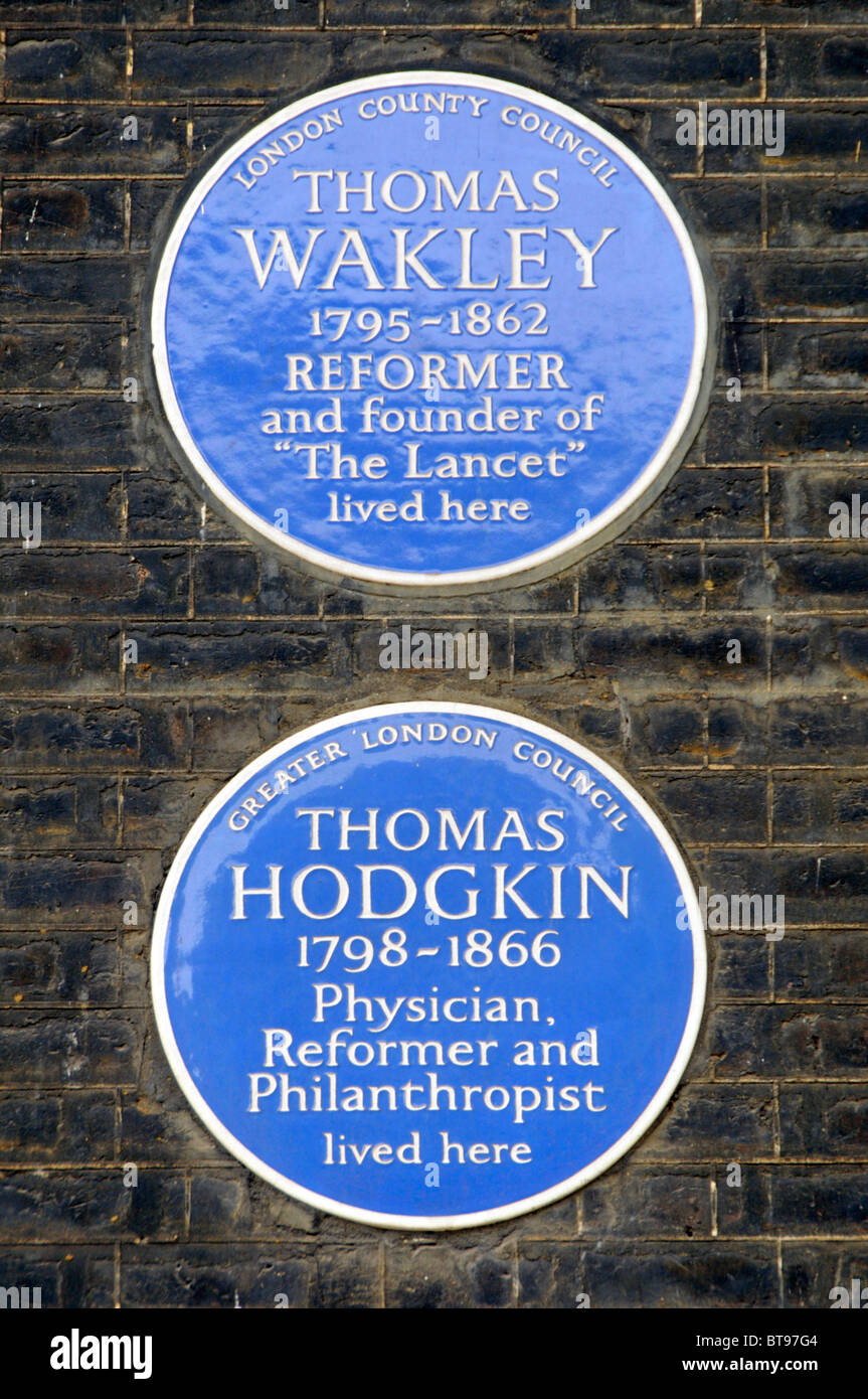 Blue Plaques on wall of property recording Thomas Wakley and Thomas Hodgkin lived here Stock Photo