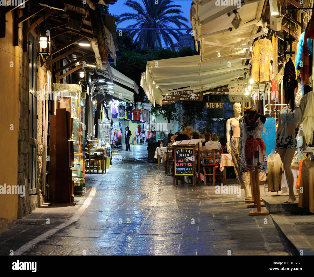 Street, Odos Agisandrou with shops and tavernas, Rhodes Town, Rhodes