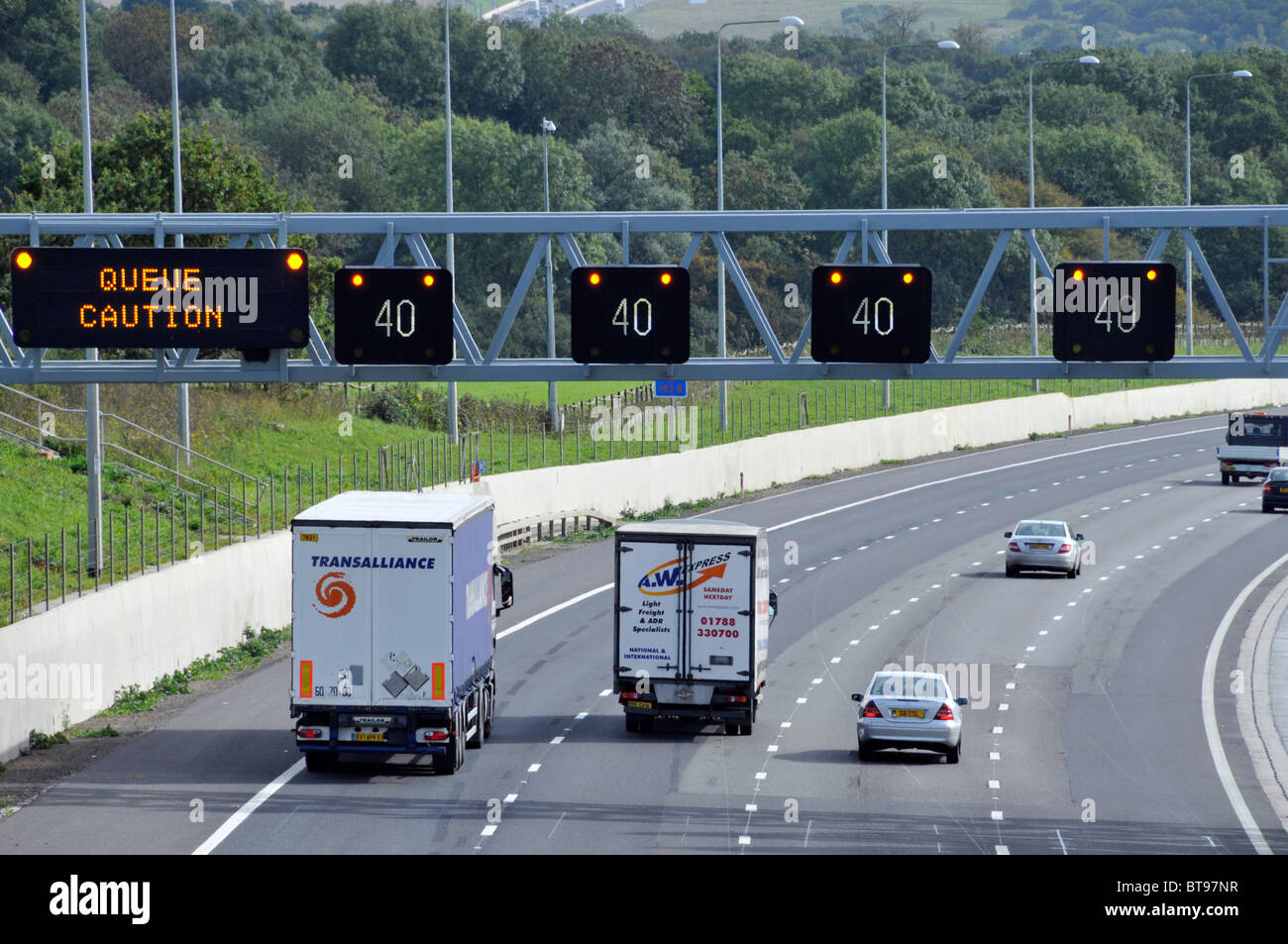Overhead Electronic English Motorway Warning Signs Of Speed And Queue overhead-electronic-english-motorway-warning-signs-of-speed-and-queue