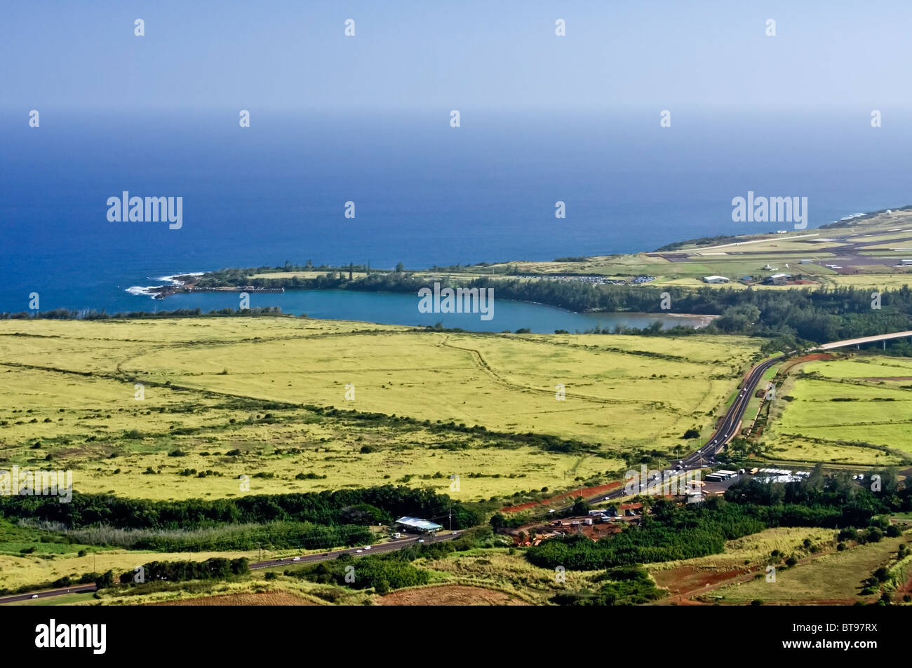 Aerial view of Hawaii's island of Kauai, featuring highway 56 and the Lihue Airport Stock Photo
