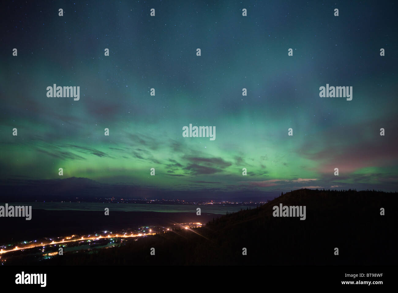 Northern lights over Eagle River (foreground) and Wasilla (background
