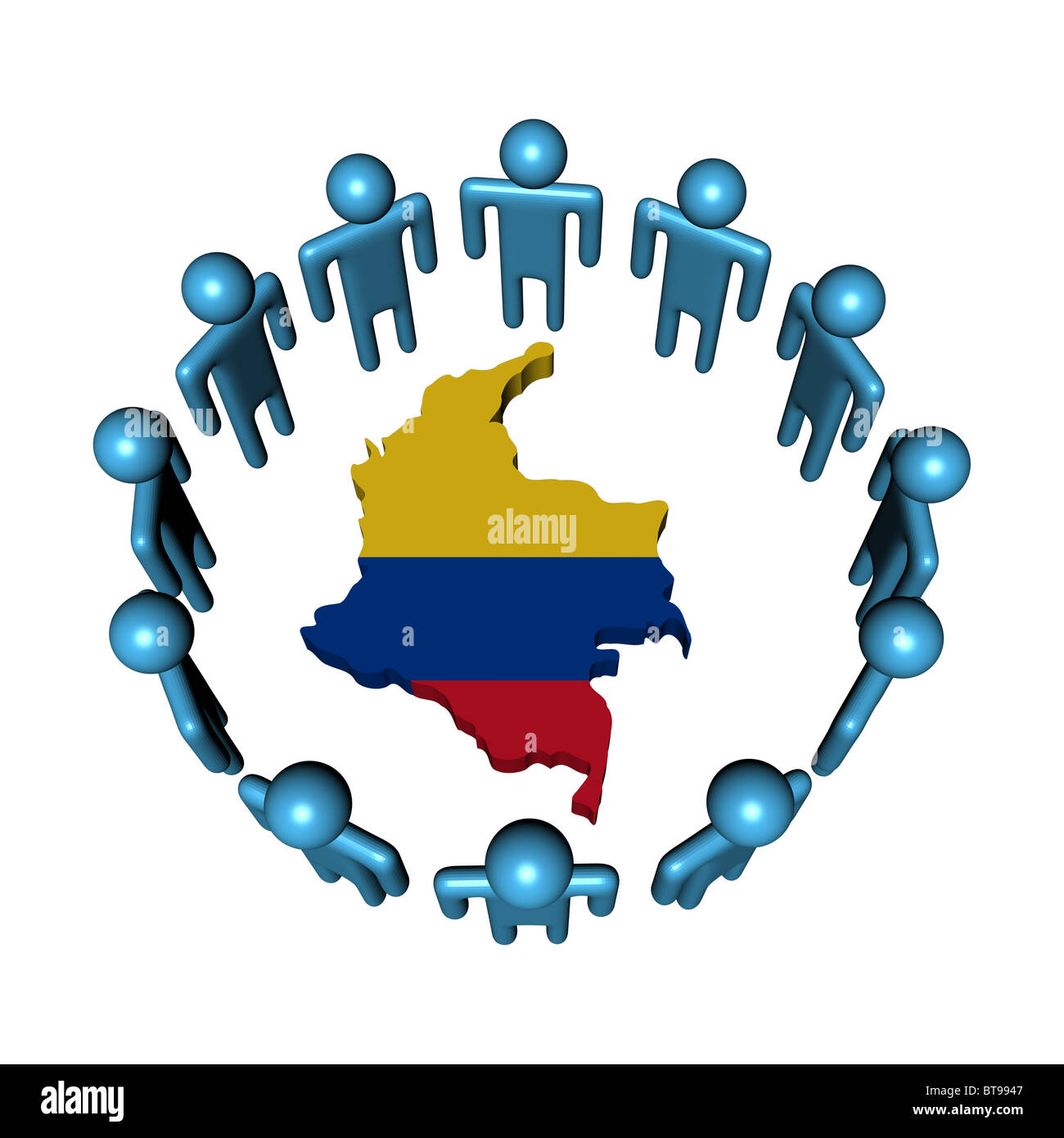 Circle of abstract people around Colombia map flag illustration Stock Photo