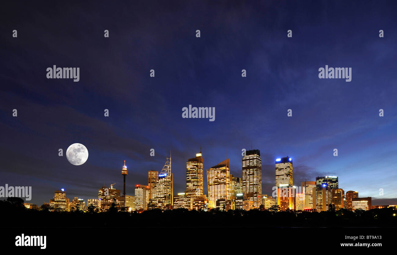 Sydney skyline with full moon, TV tower, Central Business District