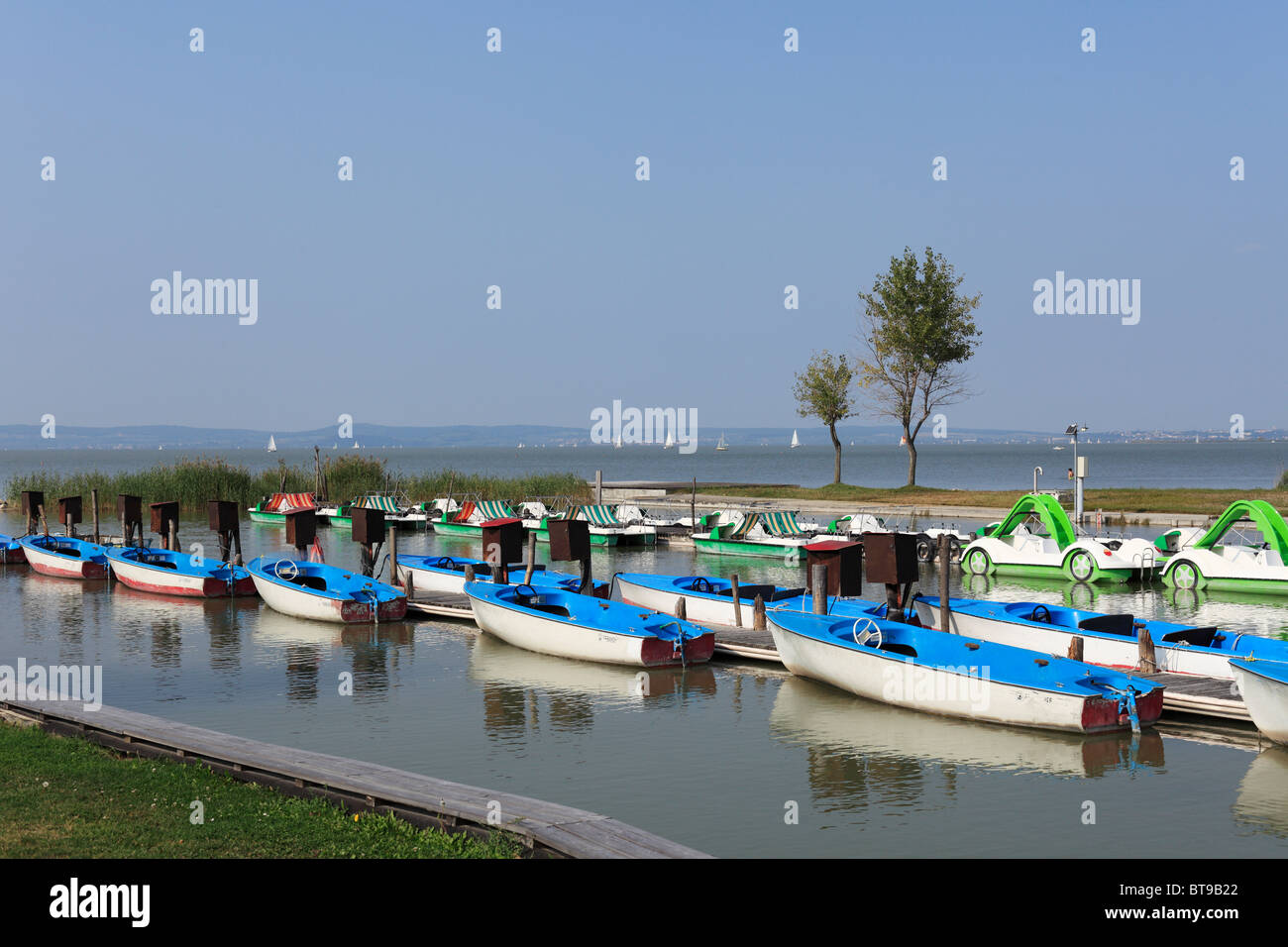 Lake Neusiedl, motorboats in Podersdorf, Burgenland, Austria, Europe Stock Photo