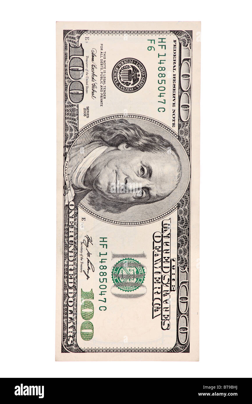 A view of a front of 100 US dollar bill Stock Photo