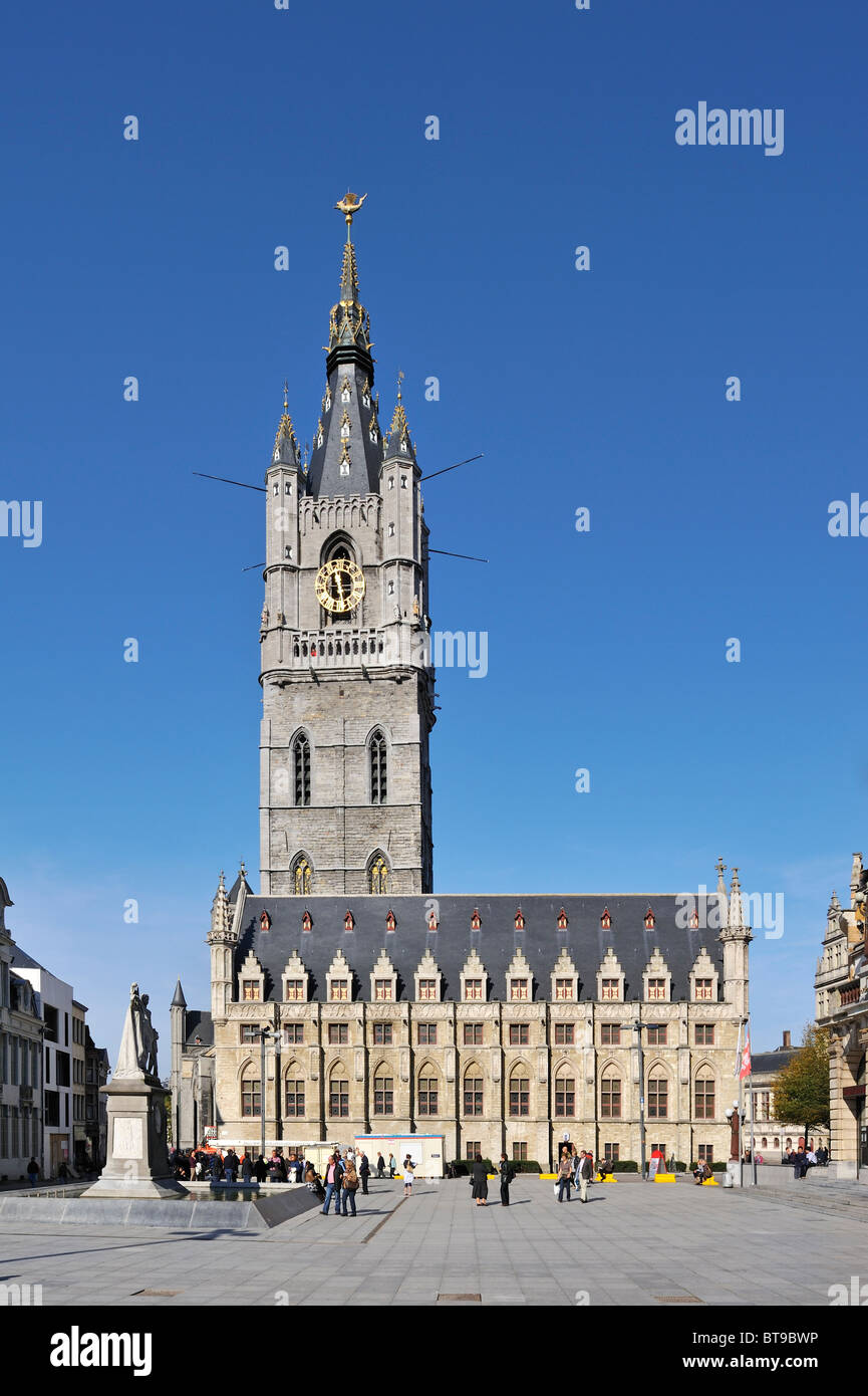 The belfry tower at the Saint Bavo's square / Sint-Baafsplein in Ghent, Belgium Stock Photo