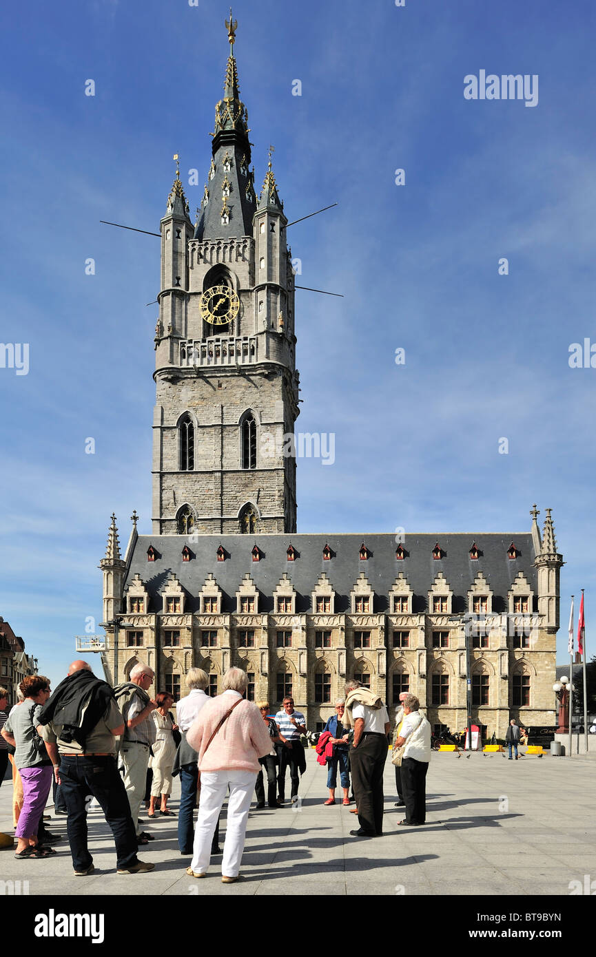 The belfry tower at the Saint Bavo's square / Sint-Baafsplein in Ghent, Belgium Stock Photo