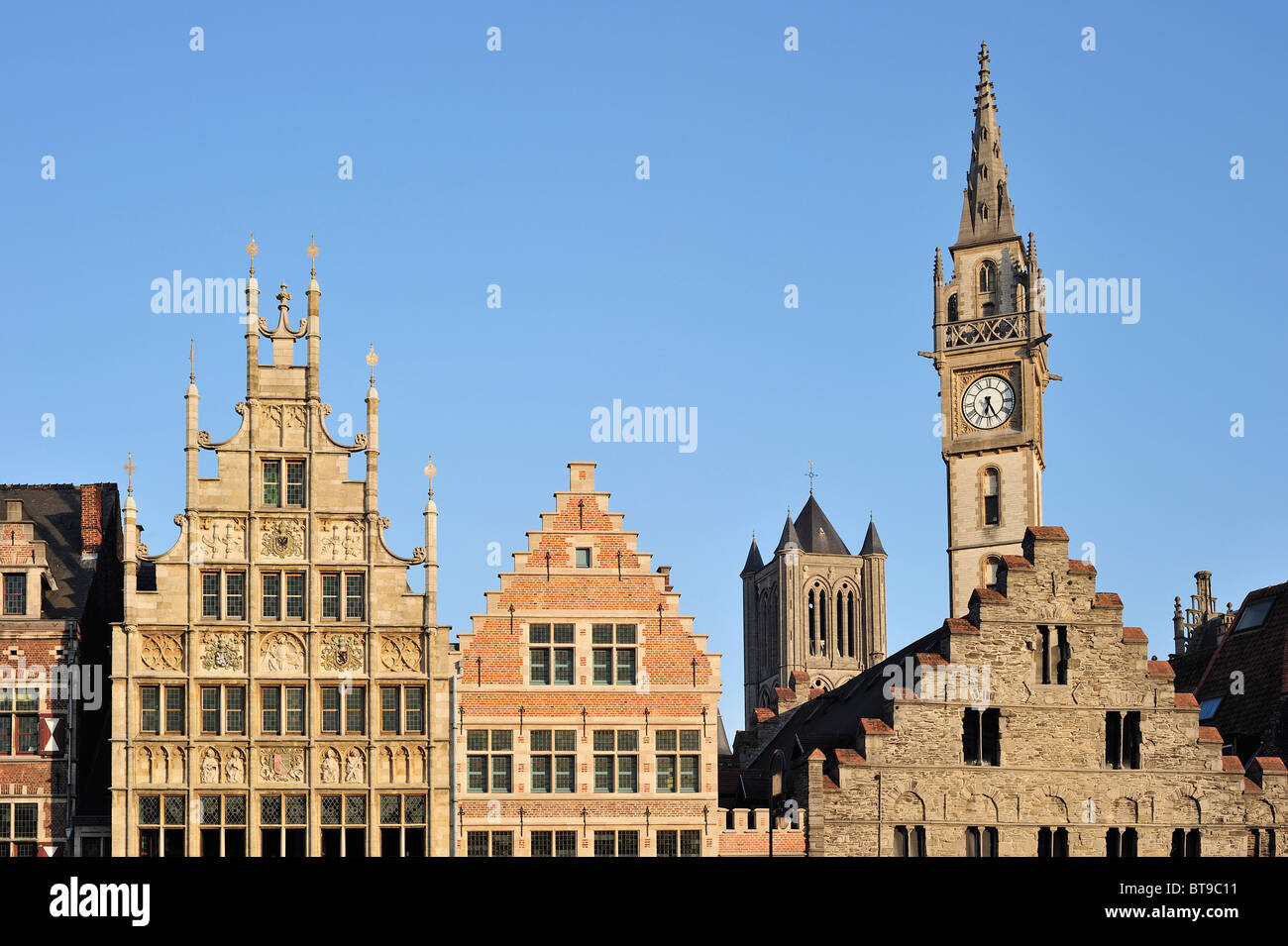 Historical step-gabled houses at the Graslei / Grass Lane in Ghent, Belgium Stock Photo