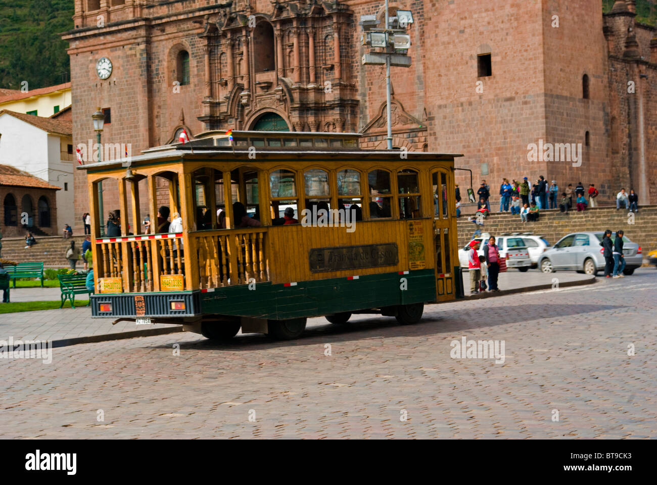 Peru, Cusco, Tranvia de Cusco, Cusco local tour old style tour bus, driving around Plaza de Armas Stock Photo