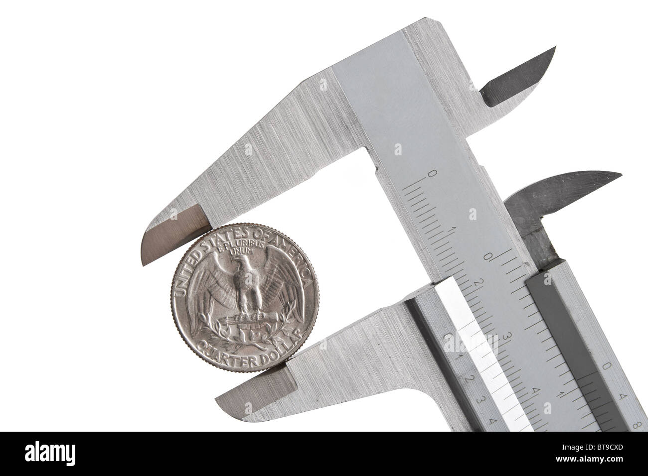 caliper with a quarter dollar coin isolated on white background with clipping path Stock Photo