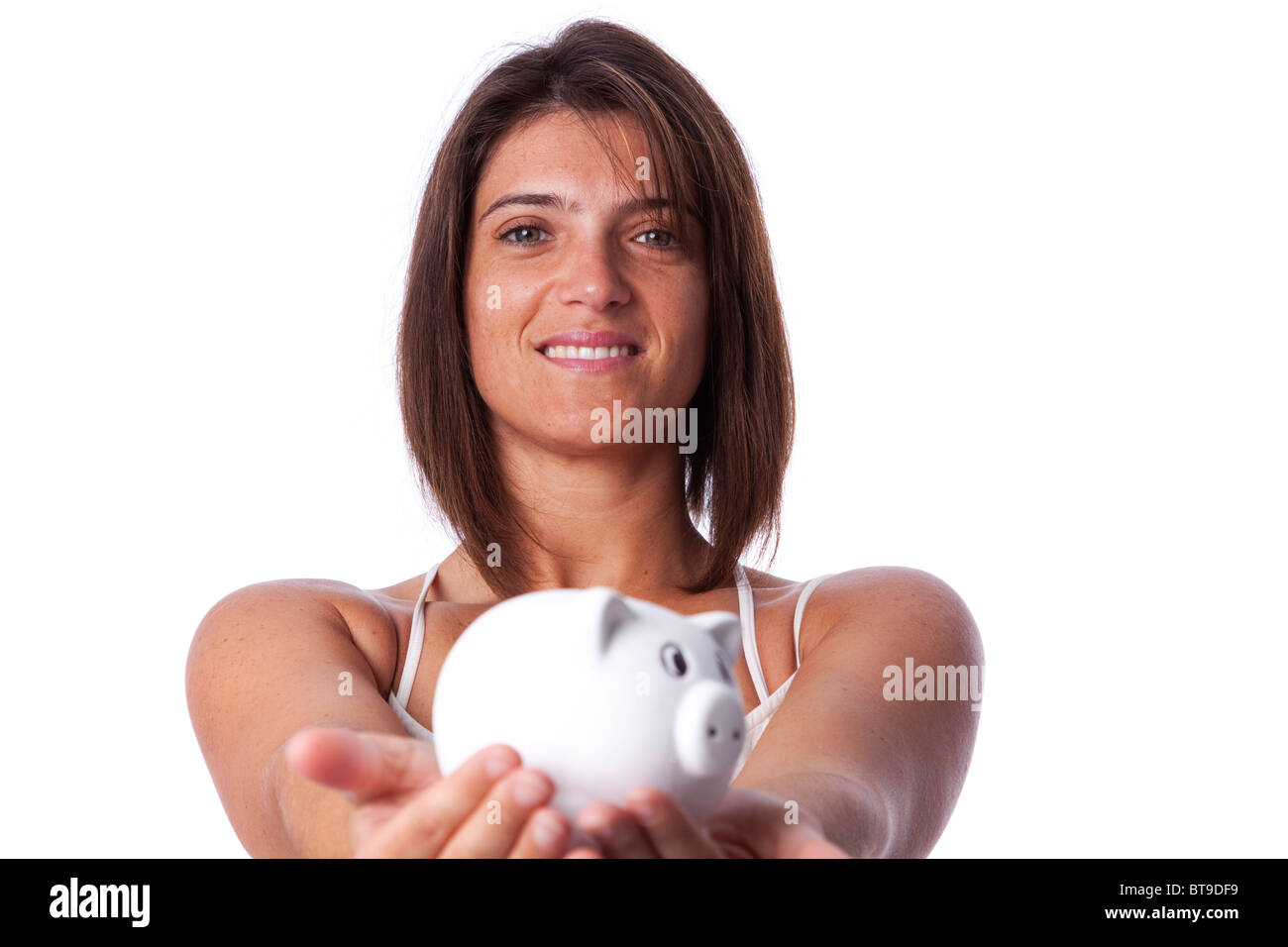 woman holding a piggy bank (isolated on white Stock Photo - Alamy