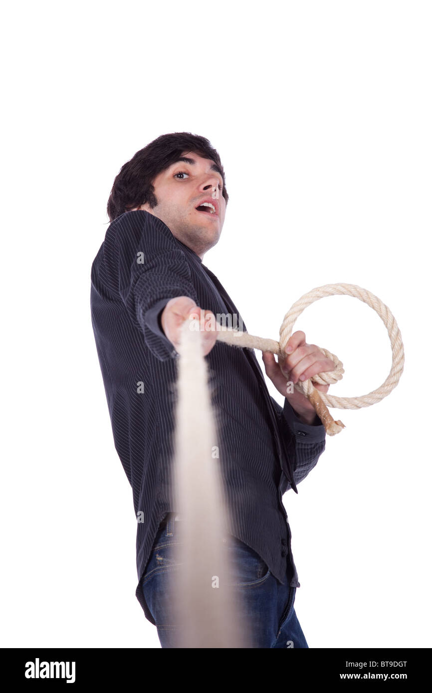 businessman pushing a rope (isolated on white Stock Photo Alamy