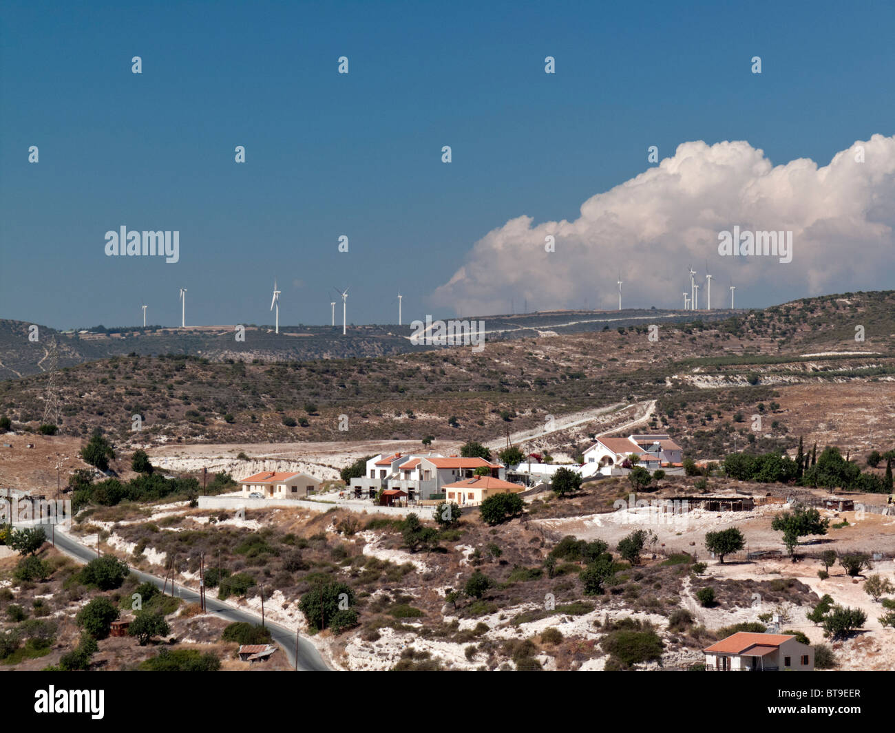 View of wind turbines from Pissouri, Cyprus Stock Photo