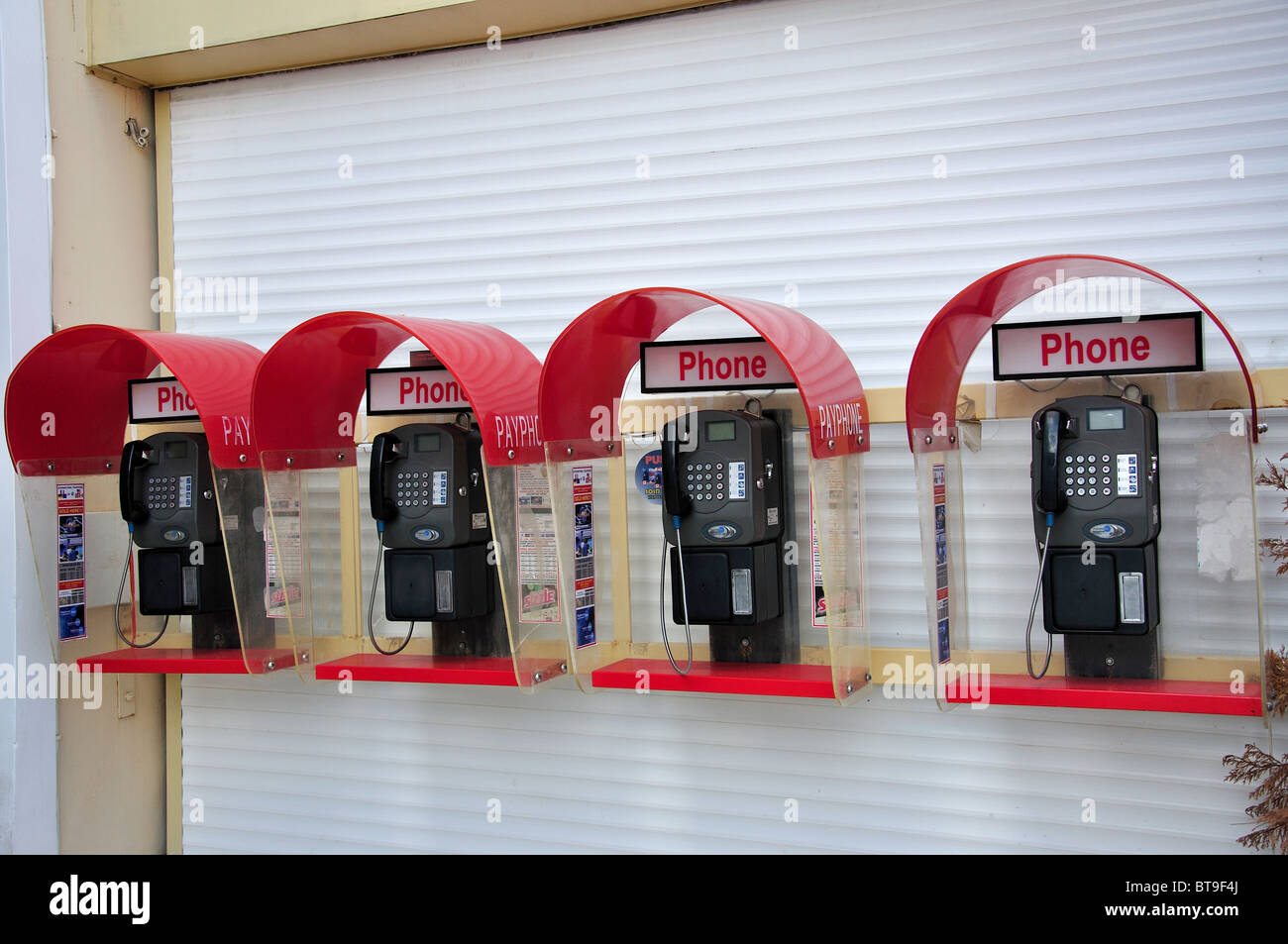 Telephone kiosks, Laganas, Zakynthos (Zante), Ionian Islands, Greece Stock Photo