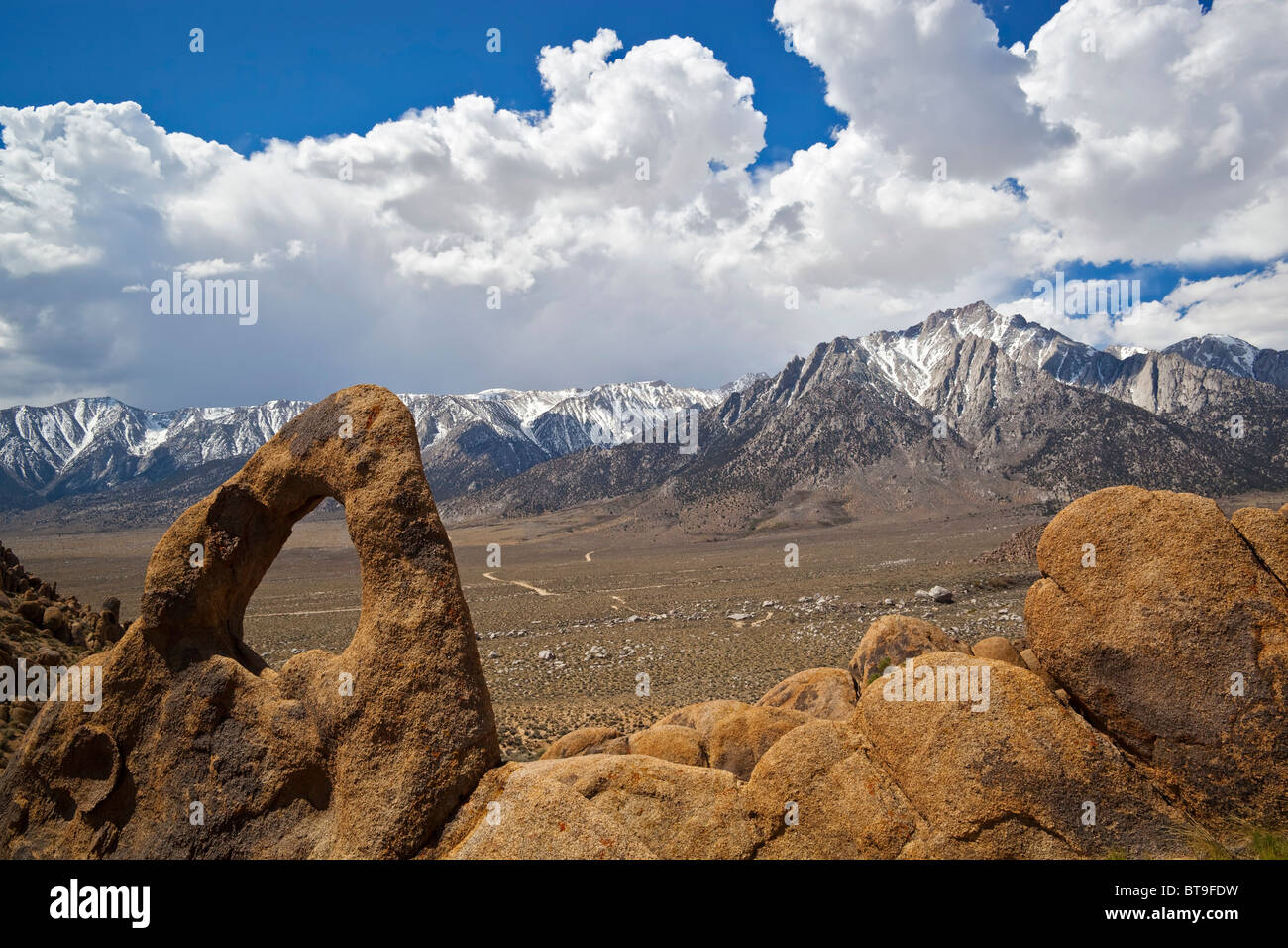 Whitney Portal Arch with Mount Whitney, Alabama Hills, Sierra Nevada, California, USA Stock